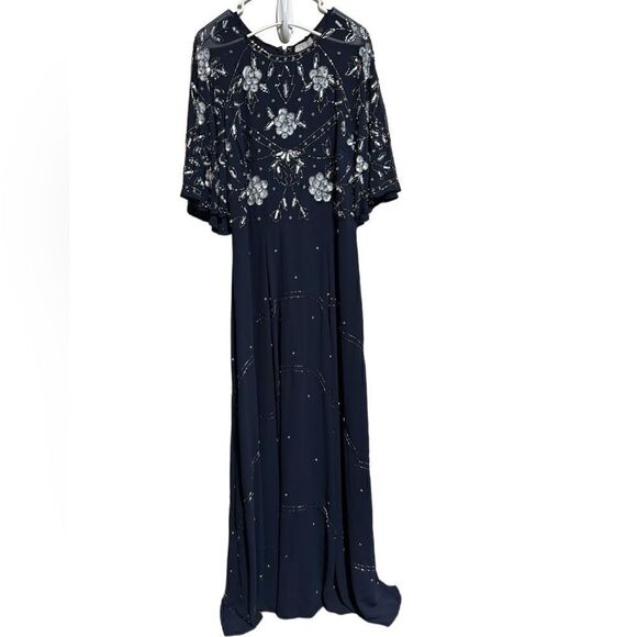 ASOS- Women’s Navy Blue Floor Length Embellished Dress Flutter Sleeve, Size 12 - Picture 4 of 16